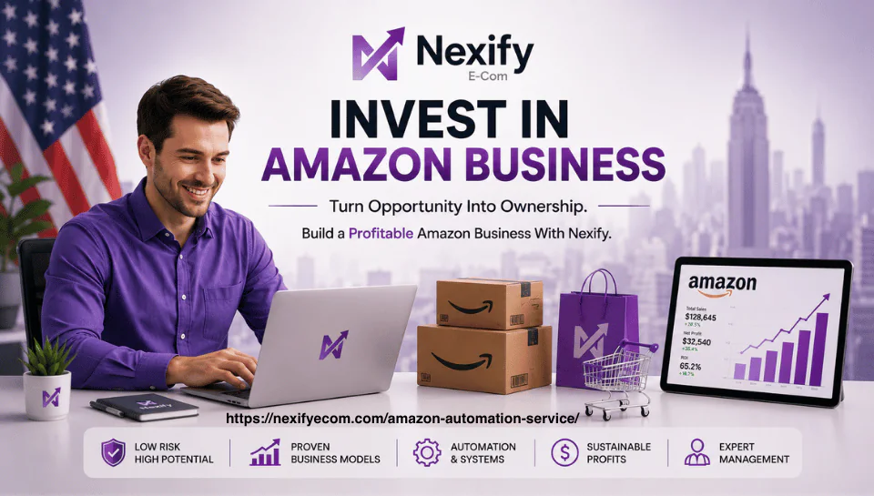 Nexify Ecom Amazon business investment banner featuring a professional entrepreneur, Amazon packages, laptop, sales growth dashboard, and automation-focused business solutions.