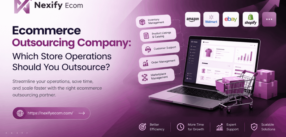 Ecommerce outsourcing company services by Nexify Ecom, featuring store management, product listings, inventory, customer support, and marketplace operations.
