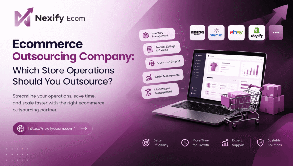 Ecommerce outsourcing company services by Nexify Ecom, featuring store management, product listings, inventory, customer support, and marketplace operations.