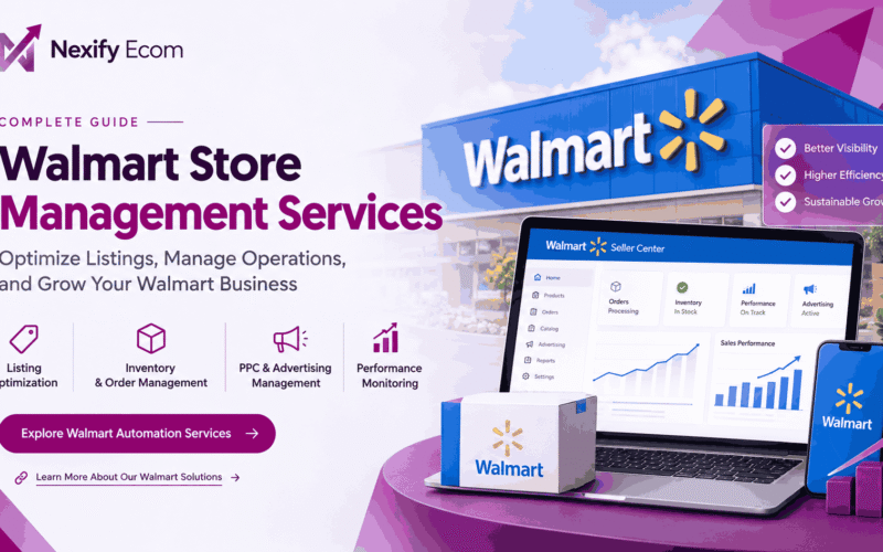 Walmart store management services by Nexify Ecom, featuring product listing optimization, inventory management, PPC advertising, and store performance monitoring.