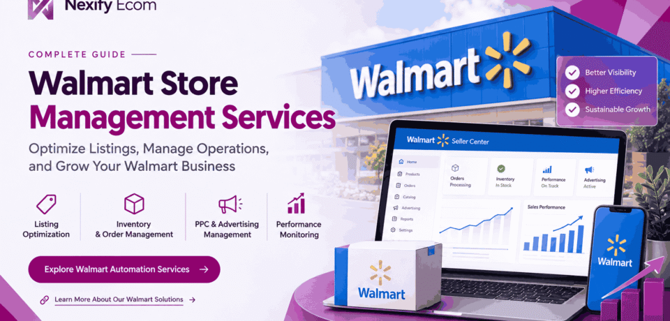 Walmart store management services by Nexify Ecom, featuring product listing optimization, inventory management, PPC advertising, and store performance monitoring.