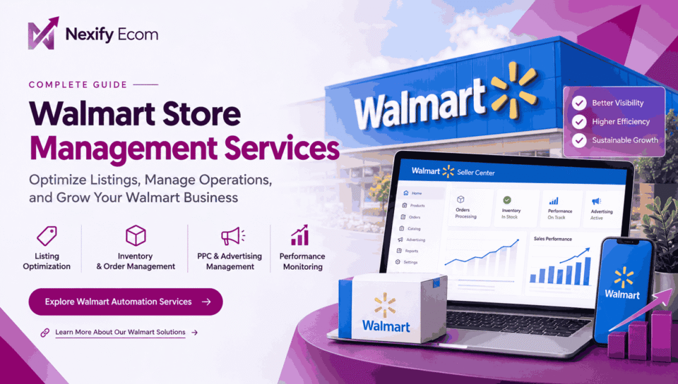Walmart store management services by Nexify Ecom, featuring product listing optimization, inventory management, PPC advertising, and store performance monitoring.